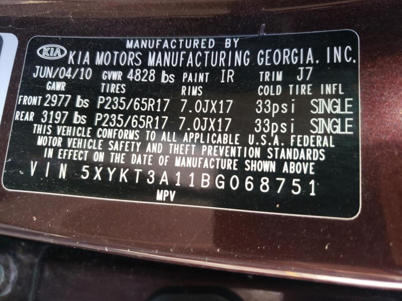Photo 10 from auction – 2011 KIA SORENTO BA with VIN 5XYKT3A11BG068751