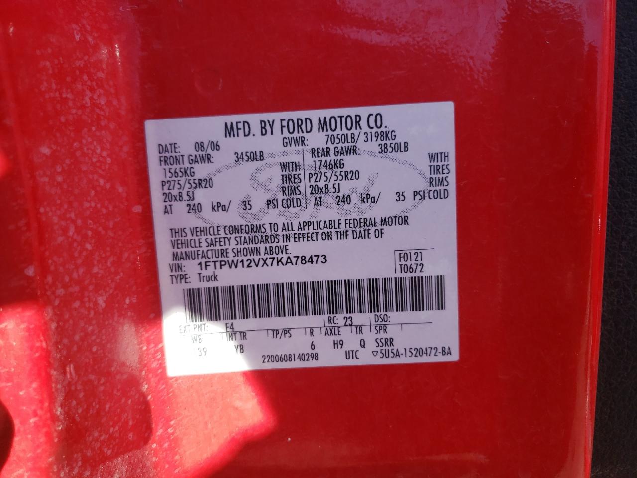 Photo 10 from auction – 2007 FORD F150 SUPER with VIN 1FTPW12VX7KA78473