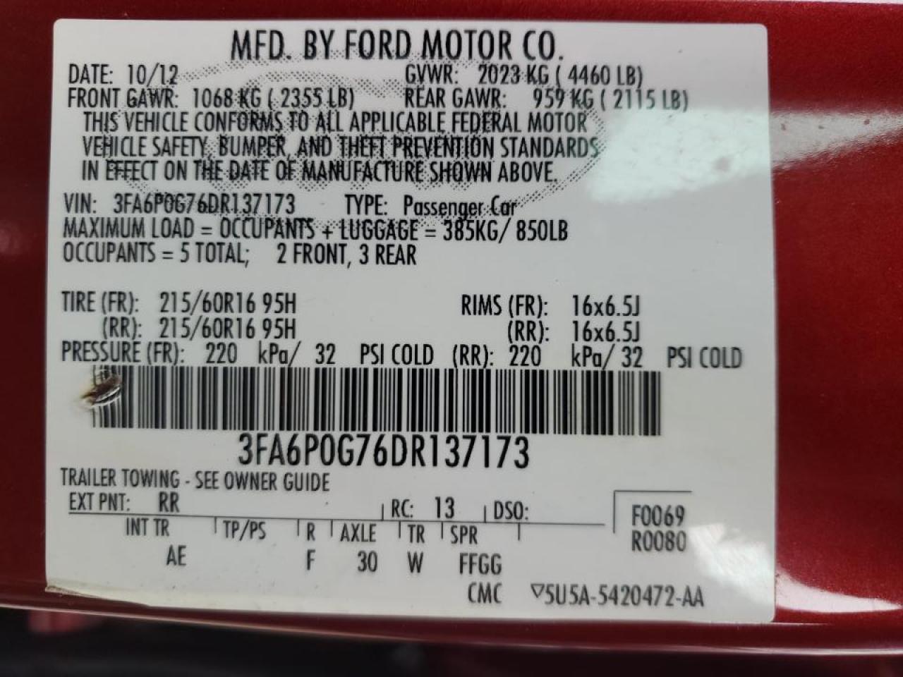 Photo 10 from auction – 2013 FORD FUSION S with VIN 3FA6P0G76DR137173