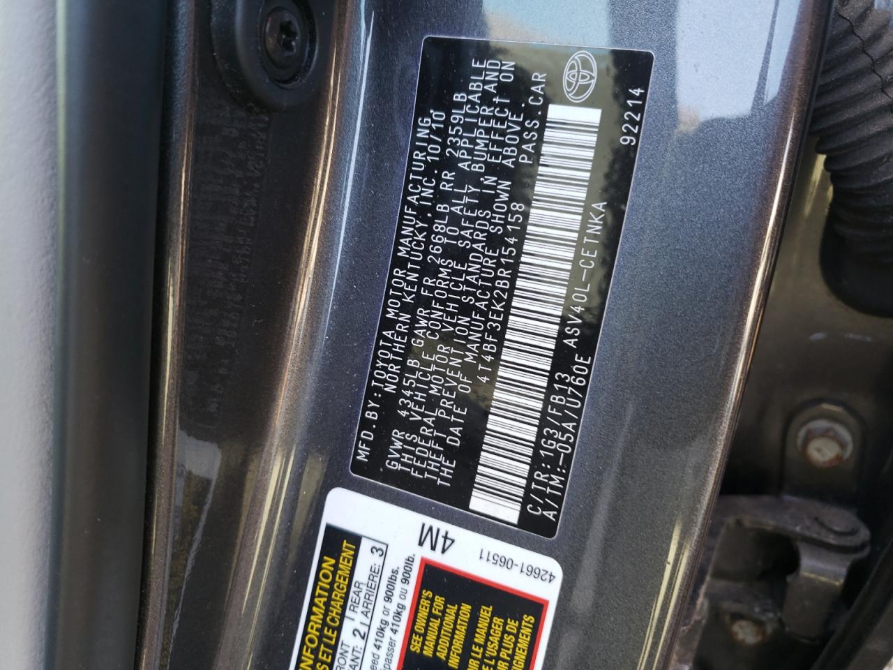 Photo 10 from auction – 2011 TOYOTA CAMRY BASE with VIN 4T4BF3EK2BR154158