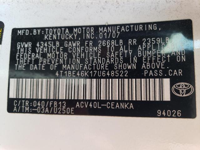 Photo 10 from auction – 2007 TOYOTA CAMRY CE with VIN 4T1BE46K17U648522