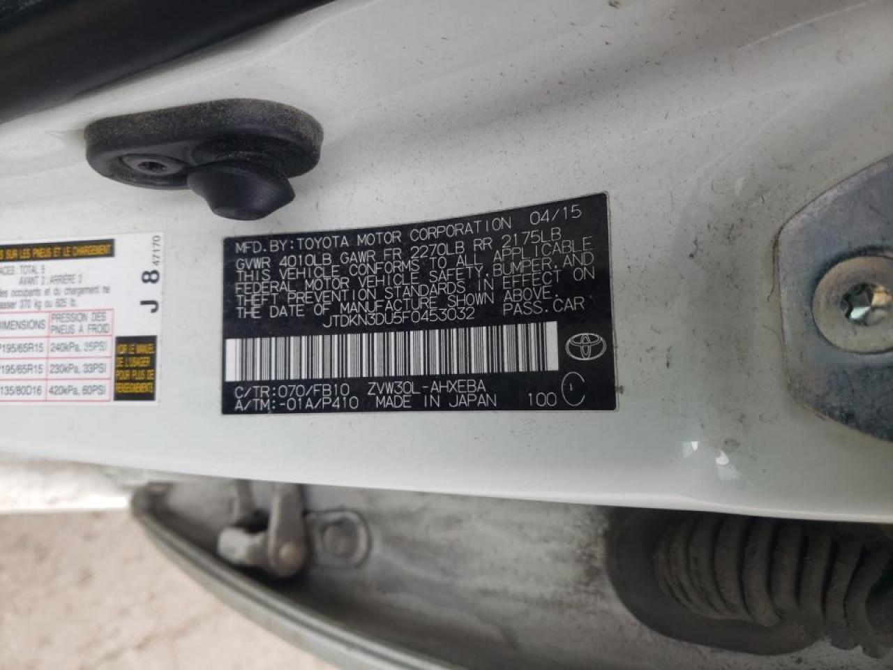 Photo 10 from auction – 2015 TOYOTA PRIUS with VIN JTDKN3DU5F0453032