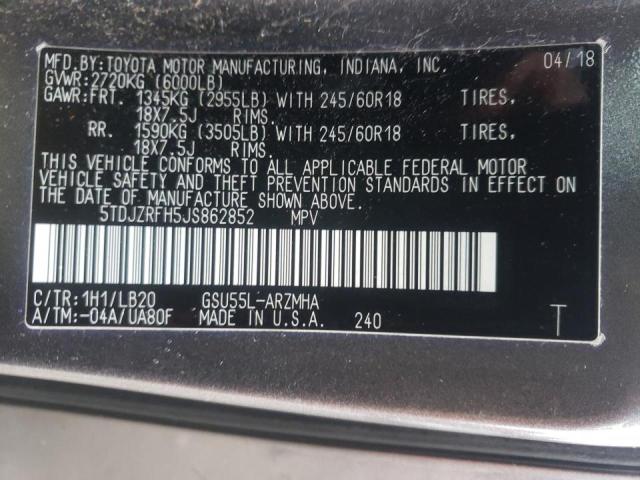 Photo 10 from auction – 2018 TOYOTA HIGHLANDER with VIN 5TDJZRFH5JS862852