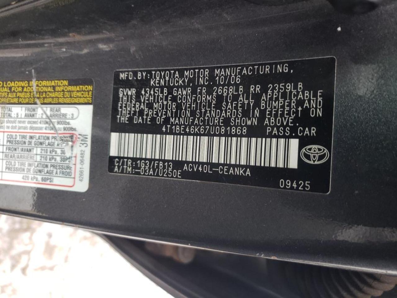 Photo 10 from auction – 2007 TOYOTA CAMRY CE with VIN 4T1BE46K67U081868