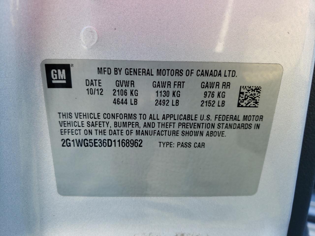 Photo 10 from auction – 2013 CHEVROLET IMPALA LT with VIN 2G1WG5E36D1168962