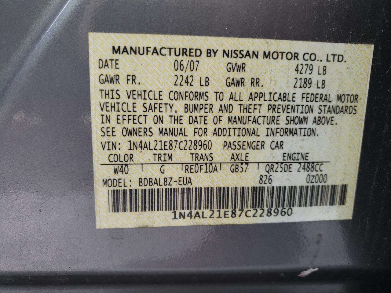 Photo 10 from auction – 2007 NISSAN ALTIMA 2.5 with VIN 1N4AL21E87C228960