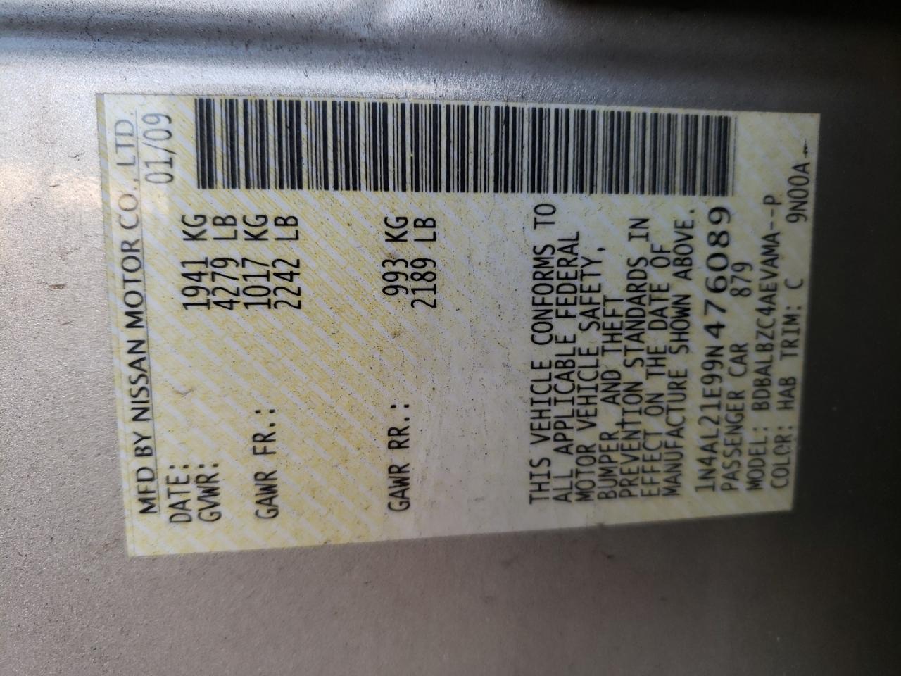 Photo 10 from auction – 2009 NISSAN ALTIMA 2.5 with VIN 1N4AL21E99N476089