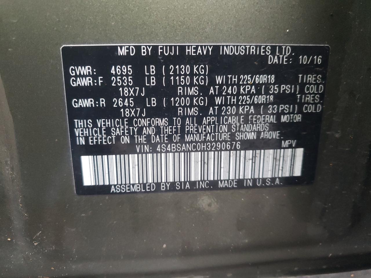Photo 10 from auction – 2017 SUBARU OUTBACK 2. with VIN 4S4BSANC0H3290676