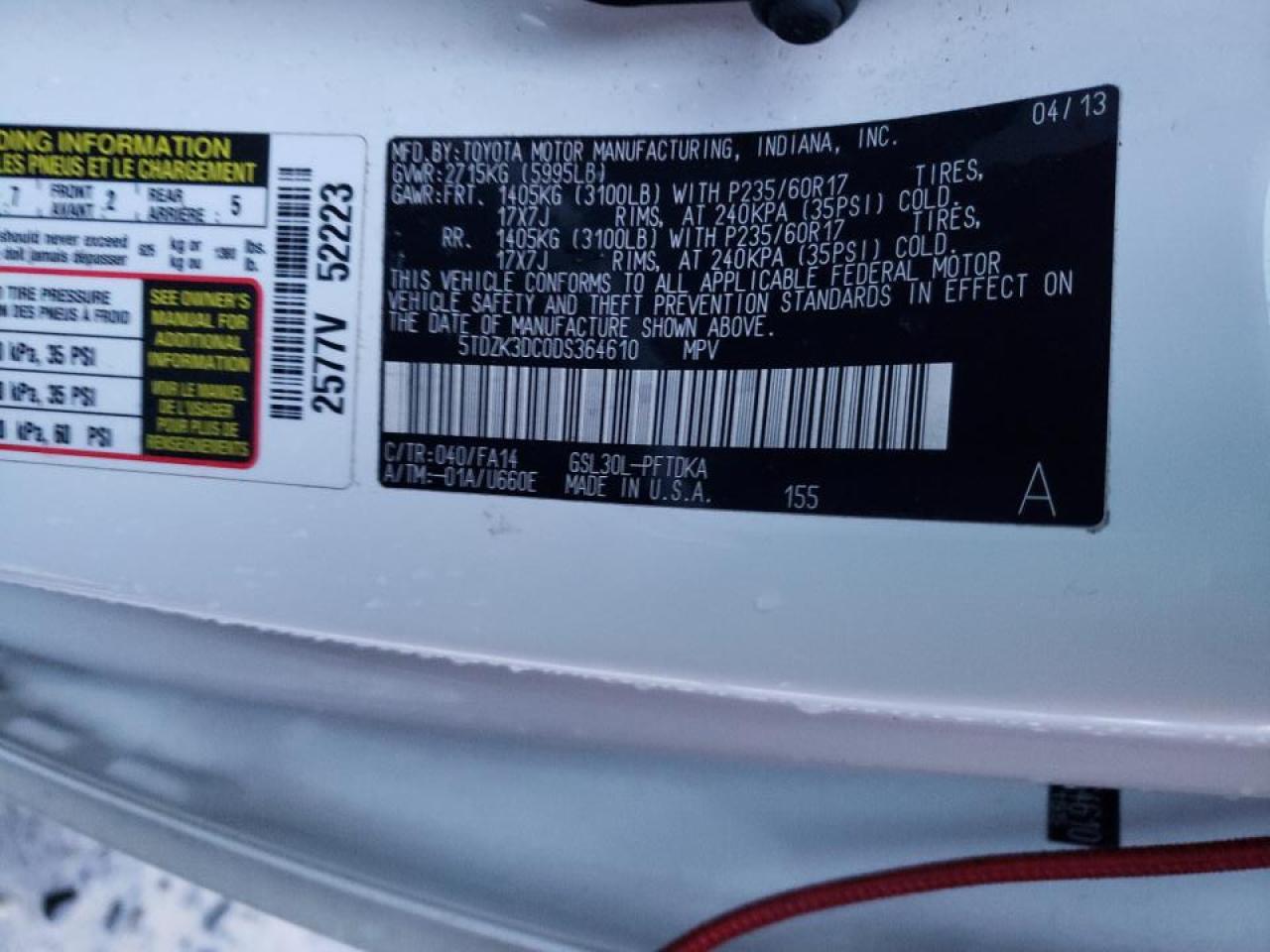 Photo 10 from auction – 2013 TOYOTA SIENNA with VIN 5TDZK3DC0DS364610