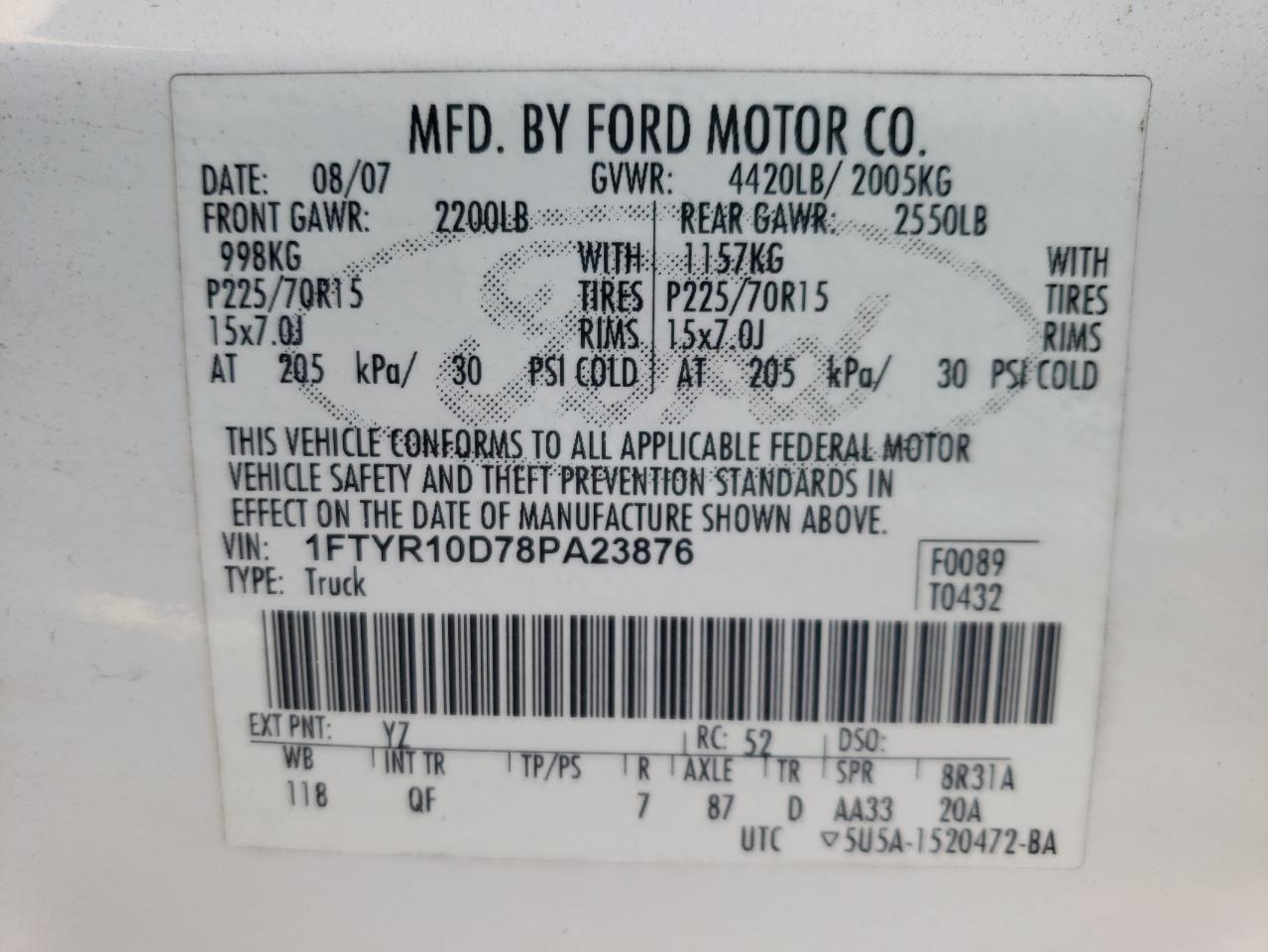 Photo 10 from auction – 2008 FORD RANGER with VIN 1FTYR10D78PA23876