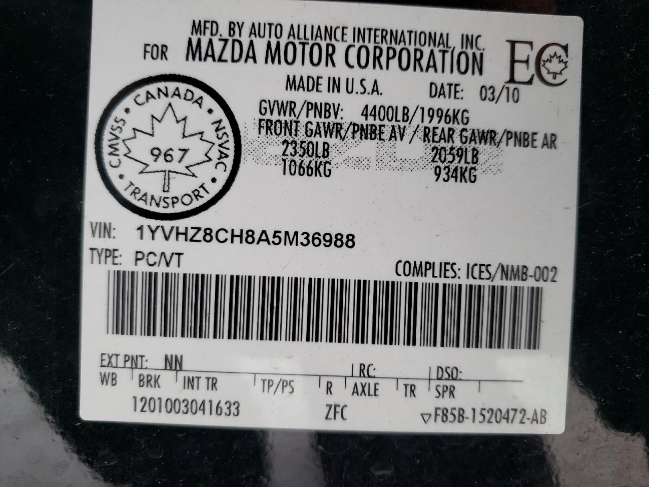 Photo 10 from auction – 2010 MAZDA 6 I with VIN 1YVHZ8CH8A5M36988