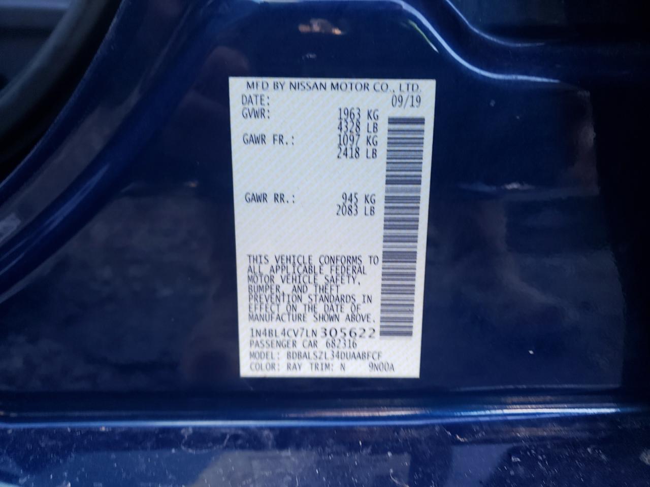 Photo 10 from auction – 2020 NISSAN ALTIMA SR with VIN 1N4BL4CV7LN305622