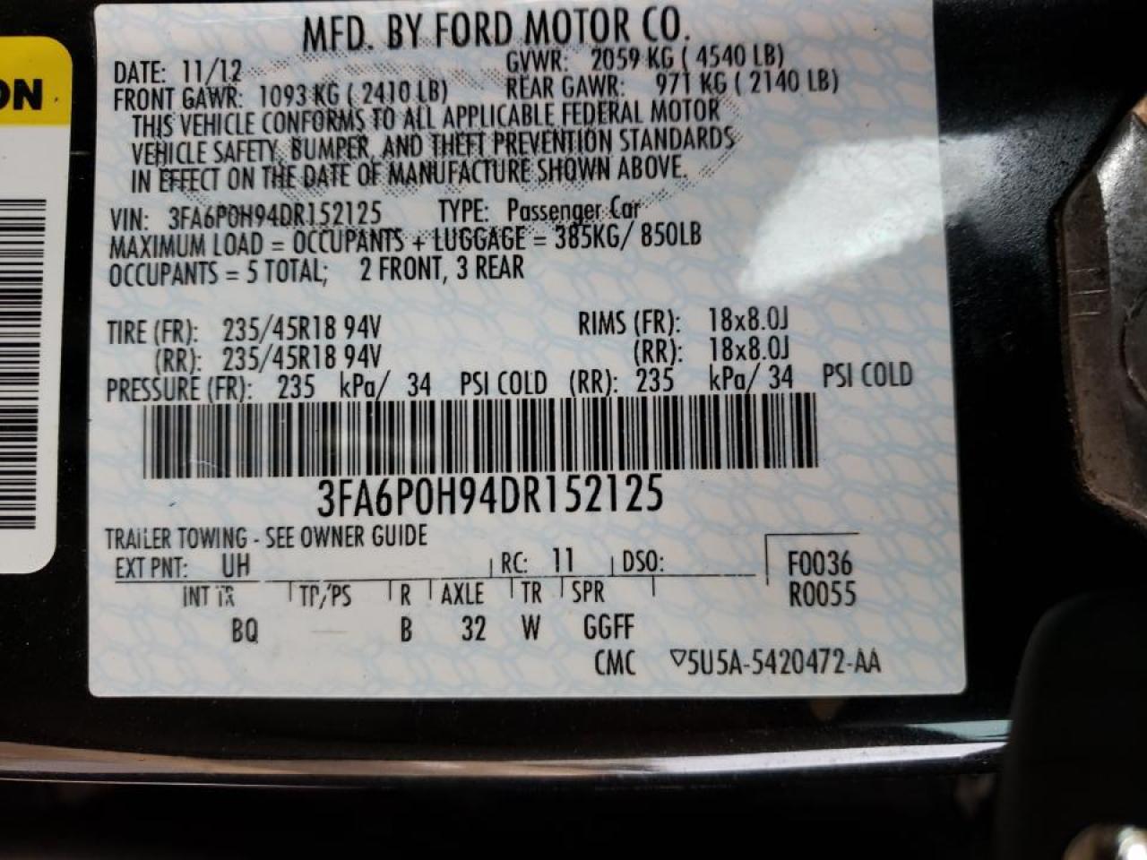 Photo 10 from auction – 2013 FORD FUSION SE with VIN 3FA6P0H94DR152125