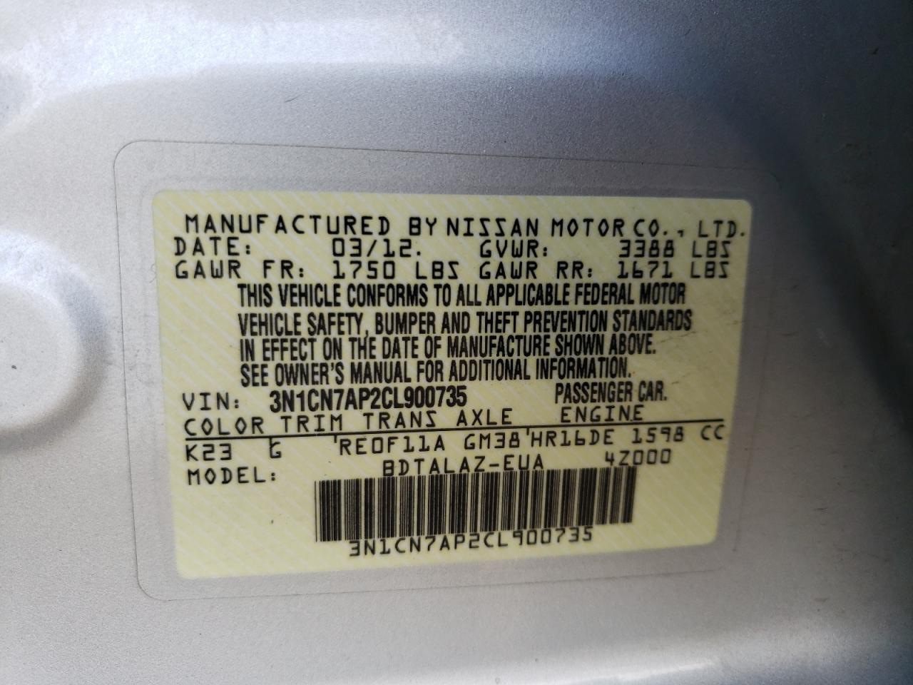 Photo 10 from auction – 2012 NISSAN VERSA S with VIN 3N1CN7AP2CL900735