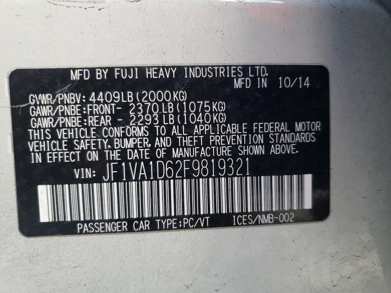 Photo 10 from auction – 2015 SUBARU WRX PREMIU with VIN JF1VA1D62F9819321