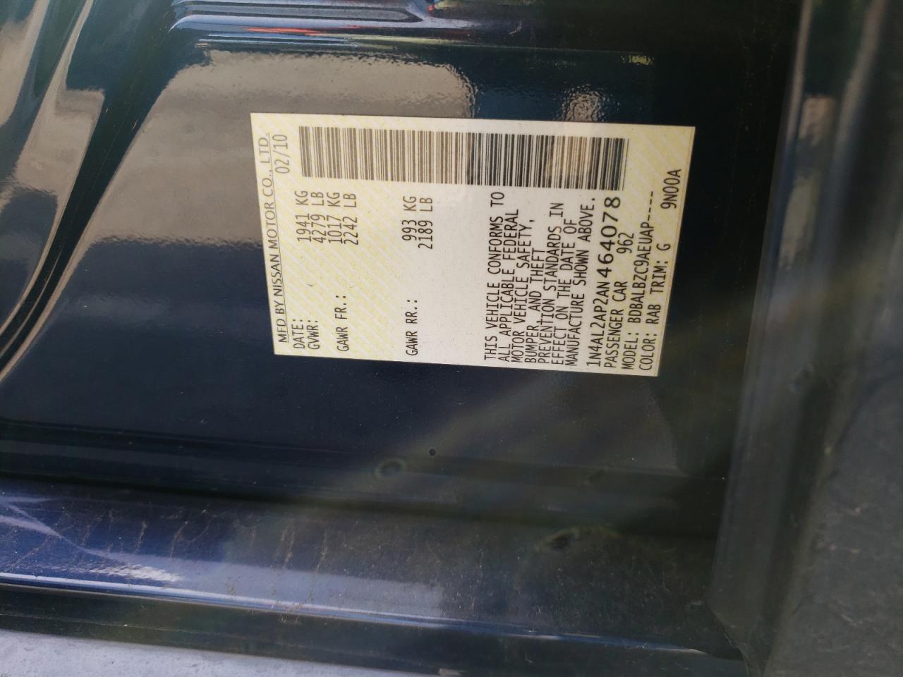 Photo 10 from auction – 2010 NISSAN ALTIMA BAS with VIN 1N4AL2AP2AN464078