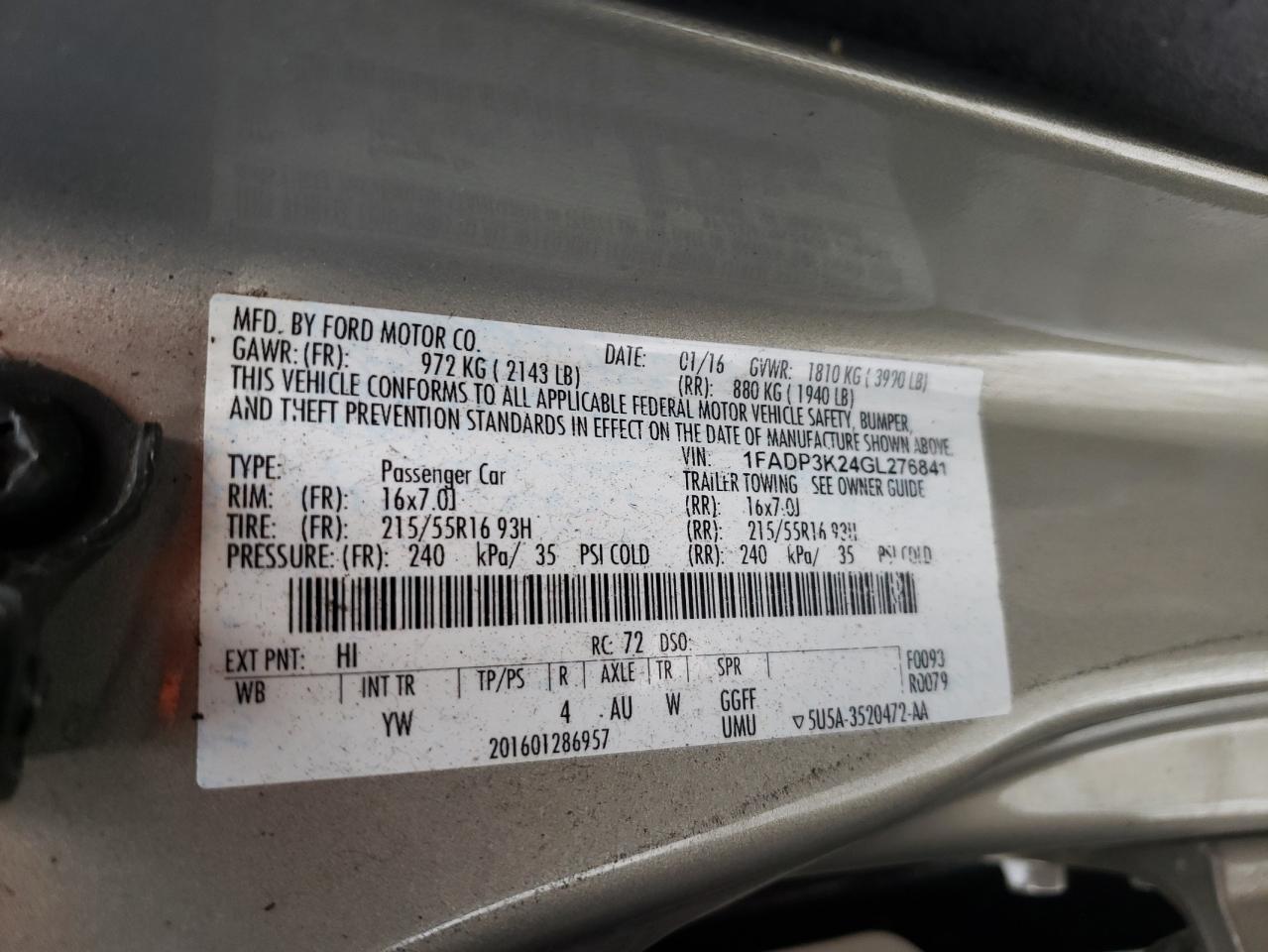 Photo 10 from auction – 2016 FORD FOCUS SE with VIN 1FADP3K24GL276841