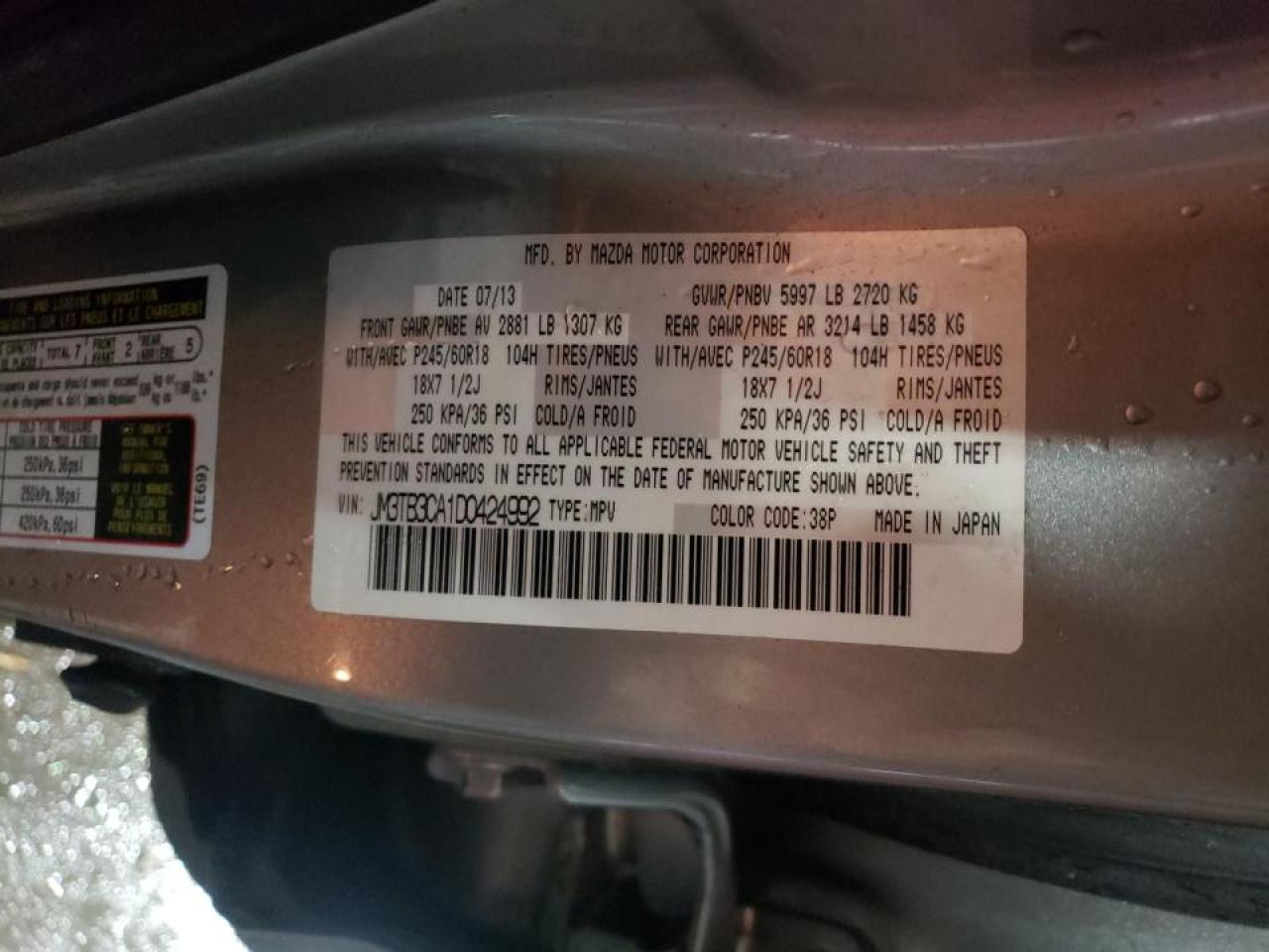 Photo 10 from auction – 2013 MAZDA CX-9 TOURI with VIN JM3TB3CA1D0424992