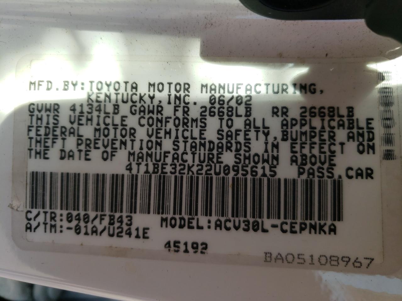 Photo 10 from auction – 2002 TOYOTA CAMRY LE with VIN 4T1BE32K22U095615