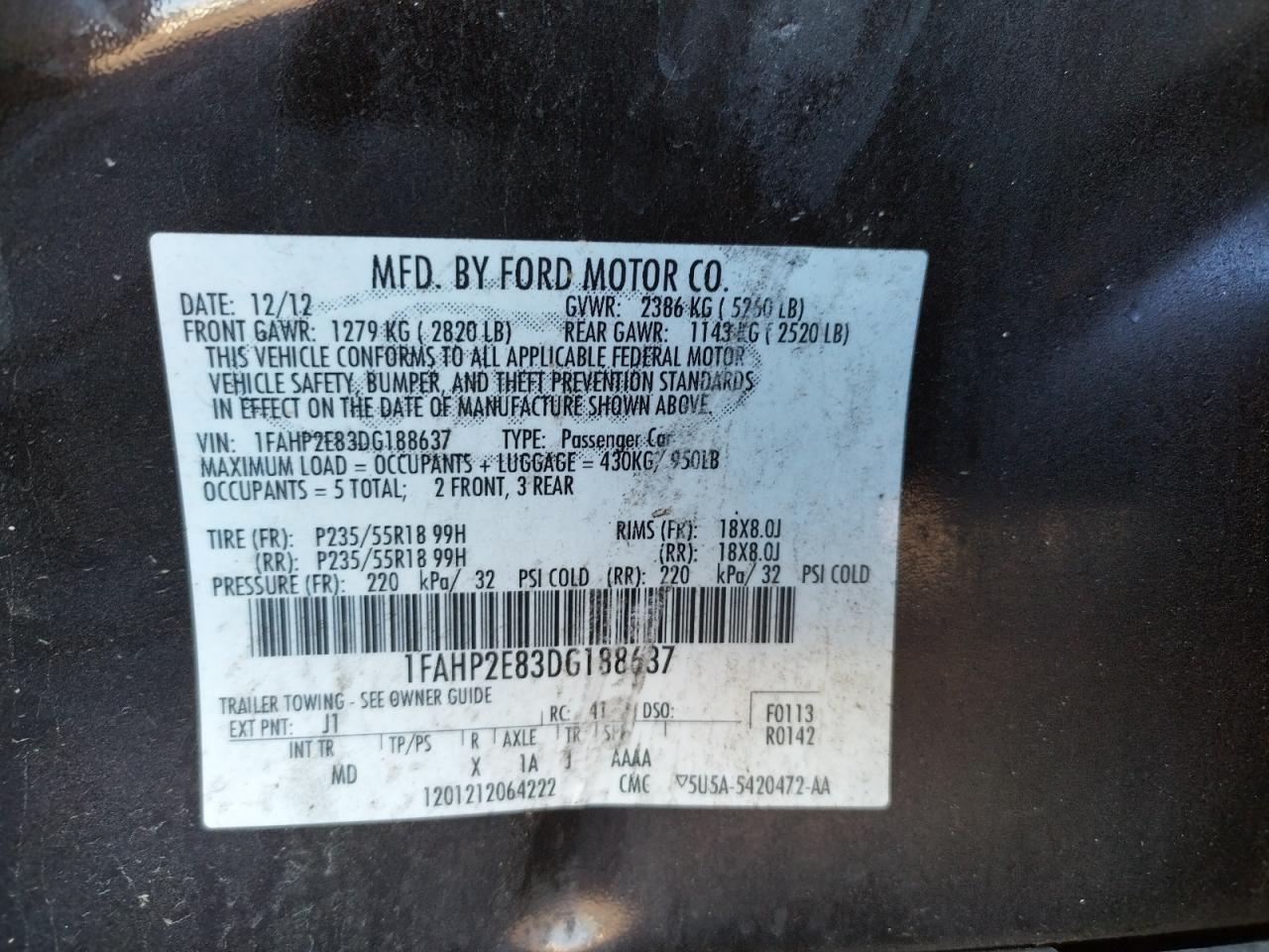 Photo 10 from auction – 2013 FORD TAURUS SEL with VIN 1FAHP2E83DG188637