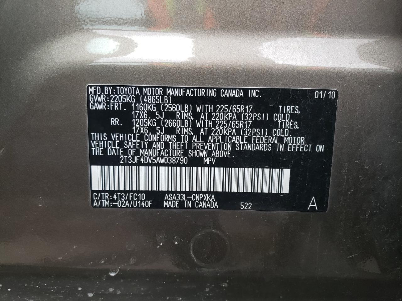 Photo 10 from auction – 2010 TOYOTA RAV4 with VIN 2T3JF4DV5AW038790