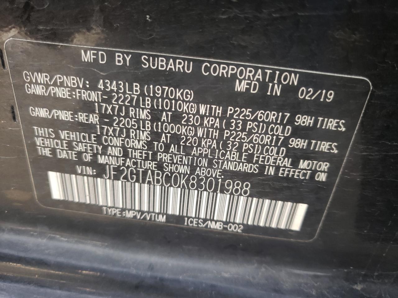 Photo 10 from auction – 2019 SUBARU CROSSTREK with VIN JF2GTABC0K8301988