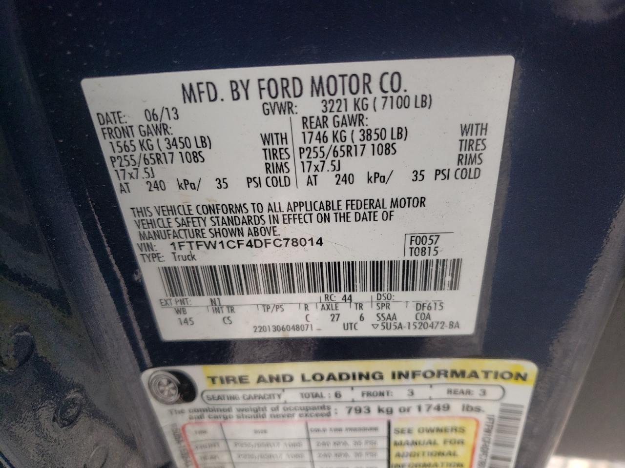 Photo 10 from auction – 2013 FORD F150 SUPER with VIN 1FTFW1CF4DFC78014