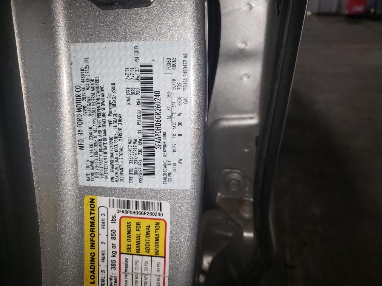 Photo 10 from auction – 2016 FORD FUSION SE with VIN 3FA6P0HD6GR260240