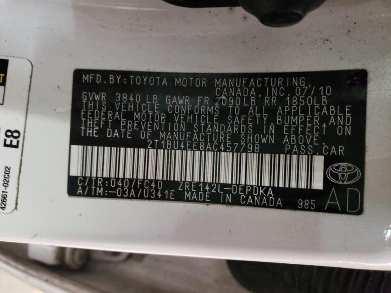 Photo 10 from auction – 2010 TOYOTA COROLLA BA with VIN 2T1BU4EE8AC457798