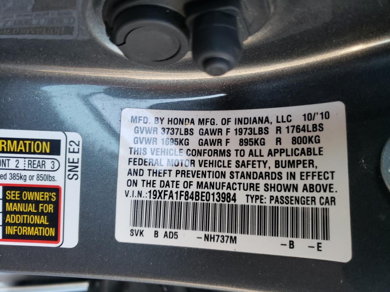 Photo 10 from auction – 2011 HONDA CIVIC EX with VIN 19XFA1F84BE013984