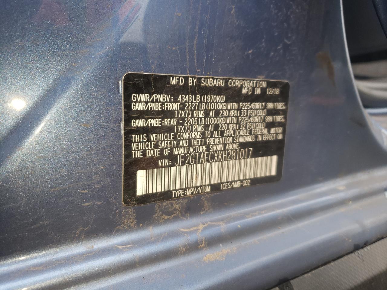 Photo 10 from auction – 2019 SUBARU CROSSTREK with VIN JF2GTAECXKH281017