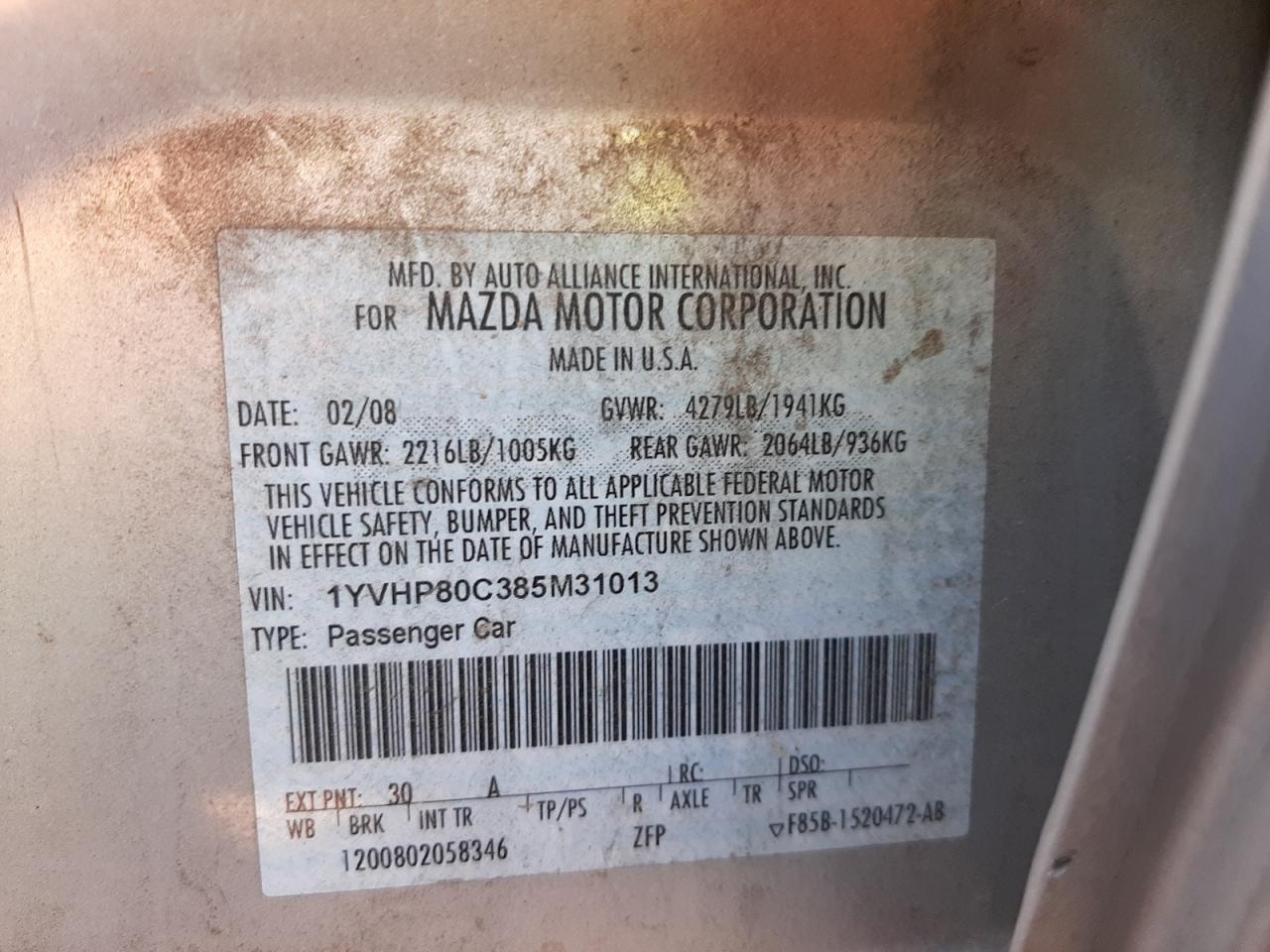 Photo 10 from auction – 2008 MAZDA 6 I with VIN 1YVHP80C385M31013