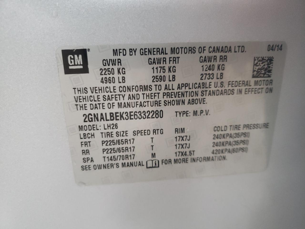Photo 10 from auction – 2014 CHEVROLET EQUINOX LT with VIN 2GNALBEK3E6332280