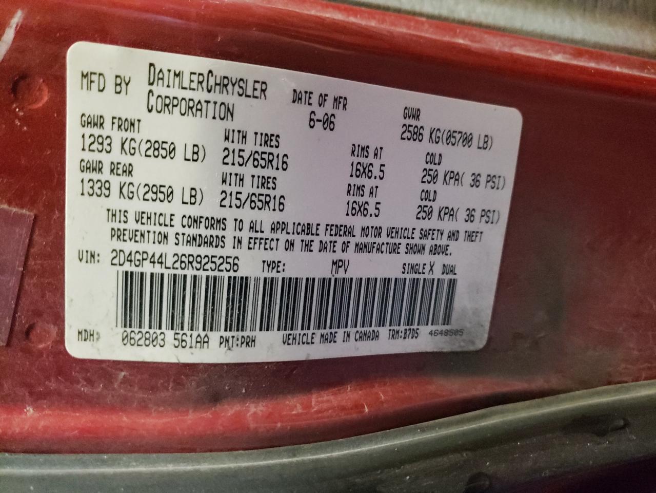 Photo 10 from auction – 2006 DODGE GRAND CARA with VIN 2D4GP44L26R925256