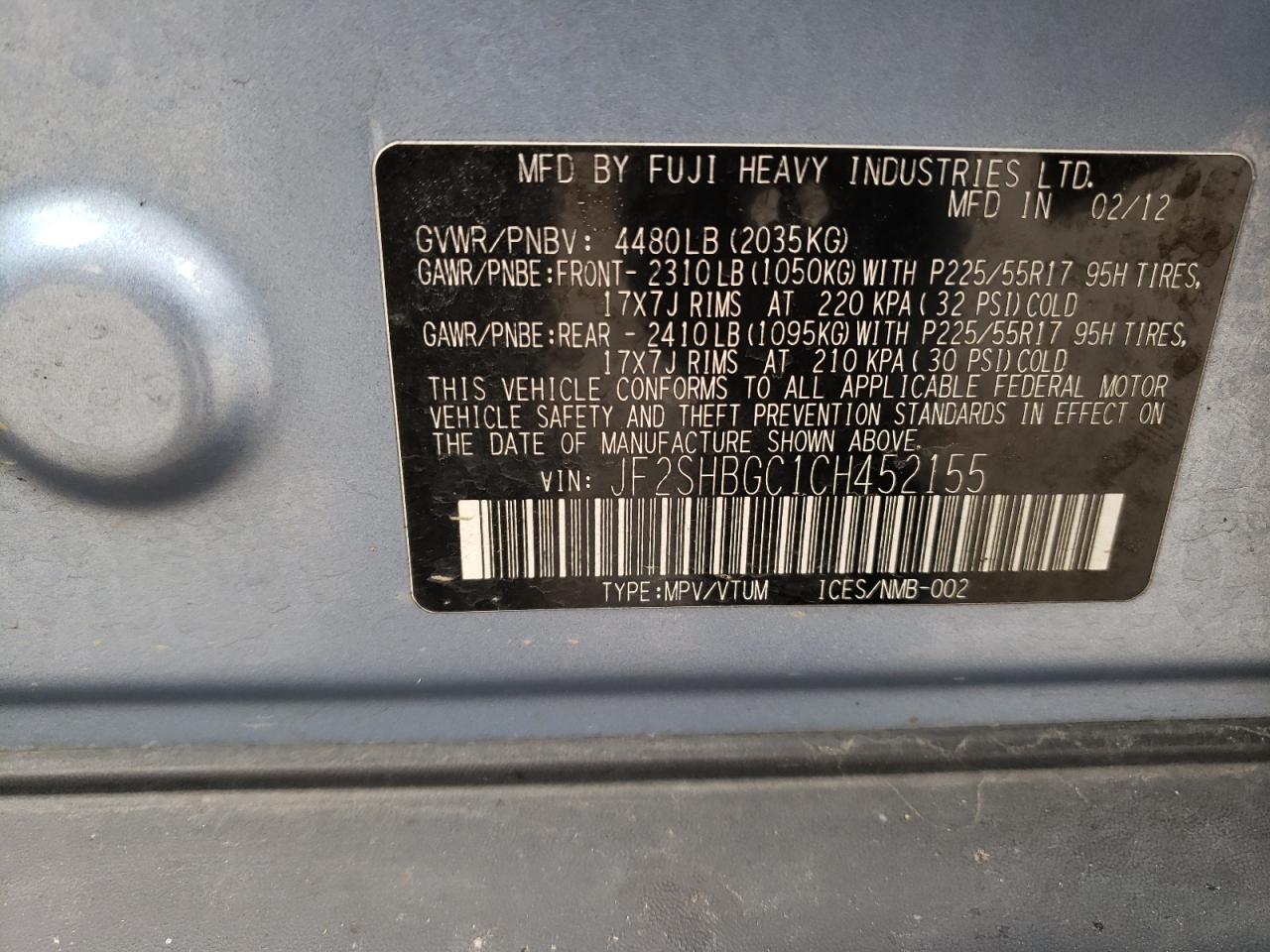 Photo 10 from auction – 2012 SUBARU FORESTER T with VIN JF2SHBGC1CH452155