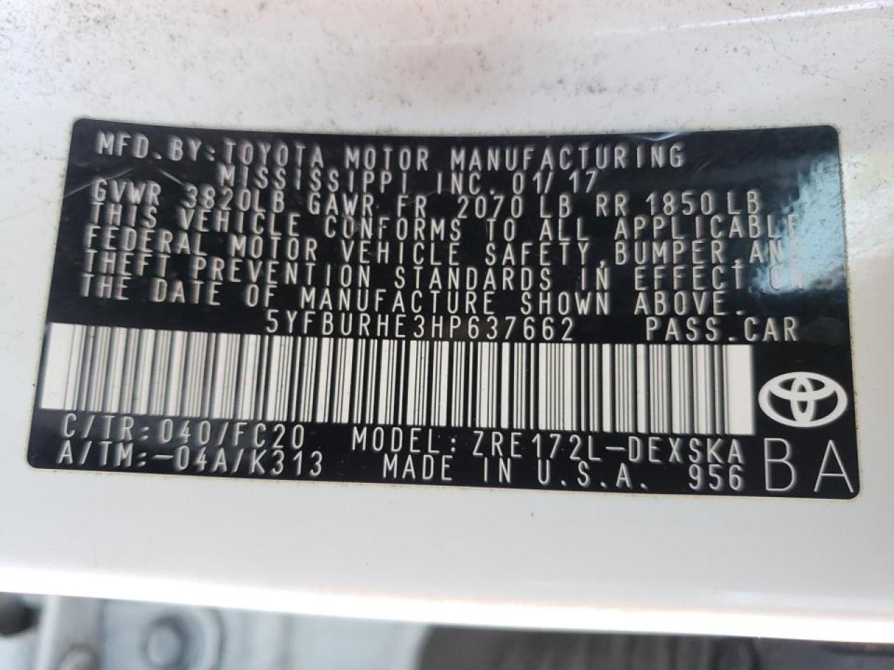Photo 10 from auction – 2017 TOYOTA COROLLA L with VIN 5YFBURHE3HP637662