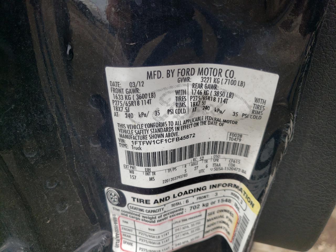 Photo 10 from auction – 2012 FORD F150 SUPER with VIN 1FTFW1CF1CFB45872