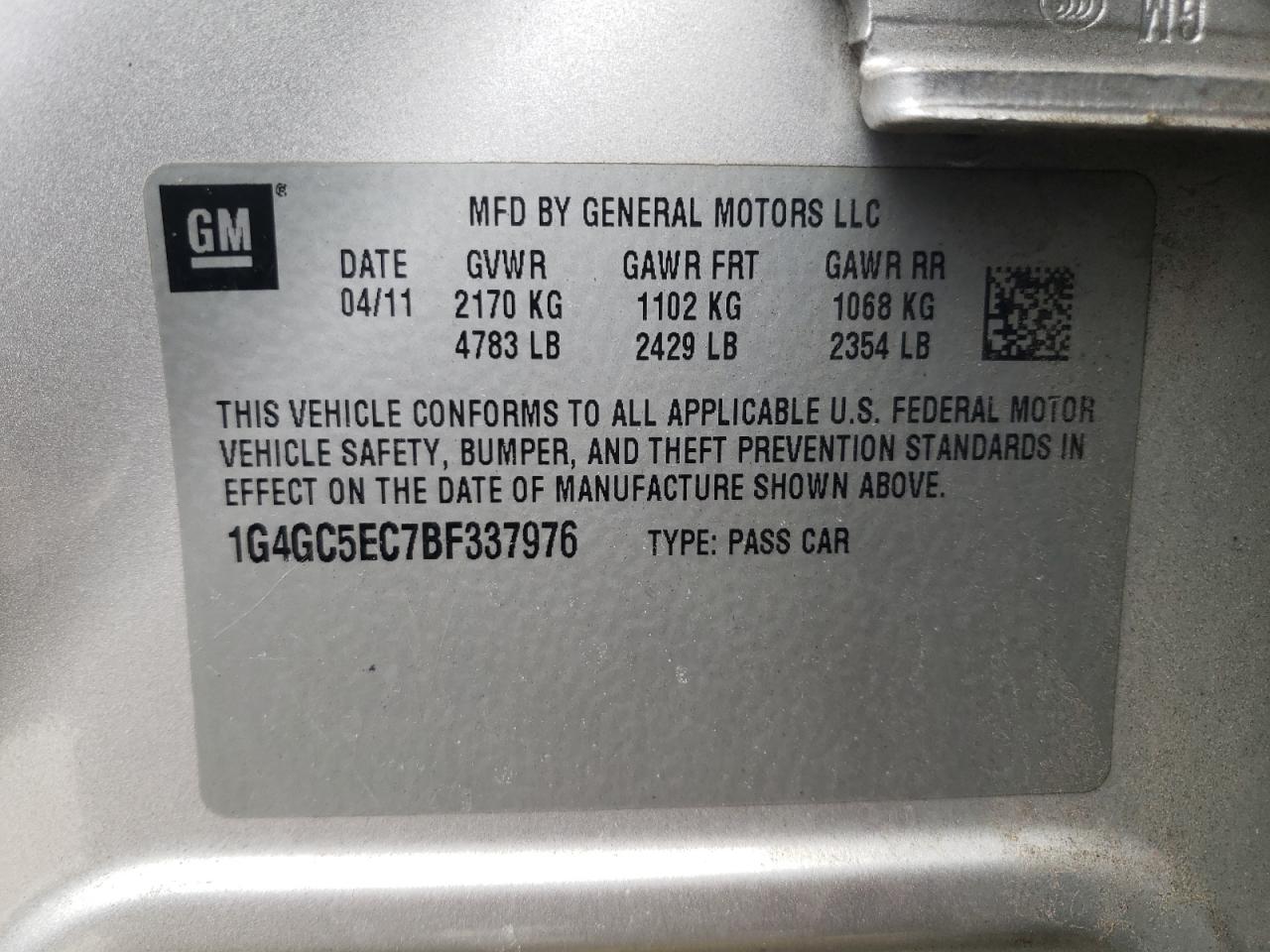 Photo 10 from auction – 2011 BUICK LACROSSE C with VIN 1G4GC5EC7BF337976