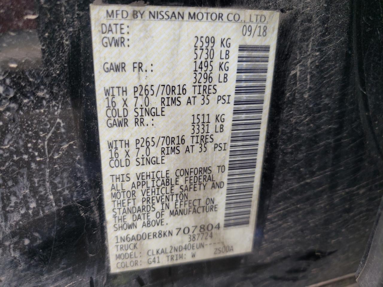 Photo 10 from auction – 2019 NISSAN FRONTIER S with VIN 1N6AD0ER8KN707804