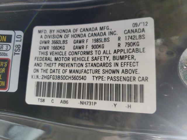 Photo 10 from auction – 2012 HONDA CIVIC LX with VIN 2HGFG3B50CH560540
