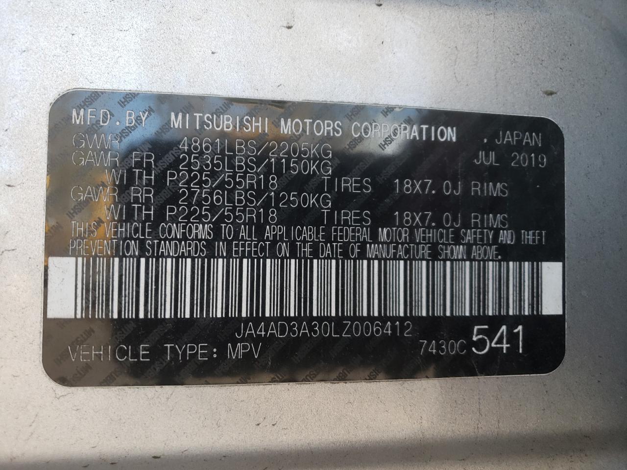 Photo 10 from auction – 2020 MITSUBISHI OUTLANDER with VIN JA4AD3A30LZ006412
