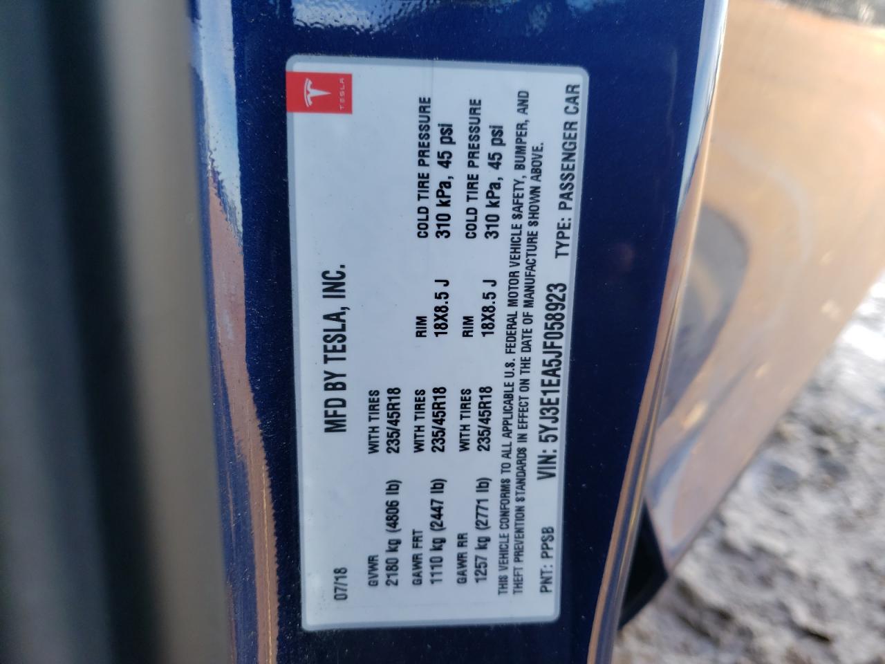 Photo 10 from auction – 2018 TESLA MODEL 3 with VIN 5YJ3E1EA5JF058923