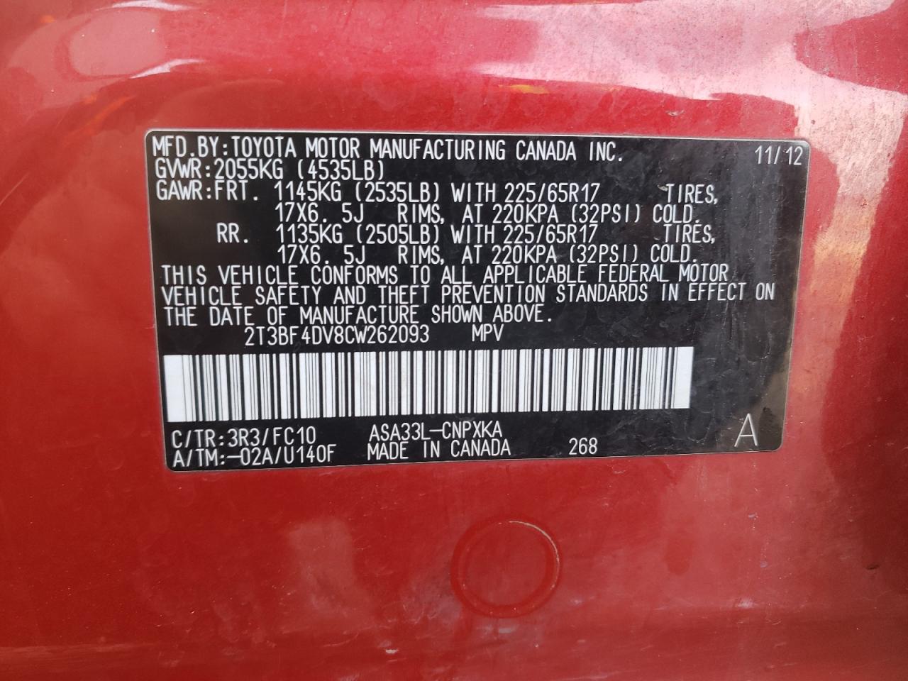 Photo 10 from auction – 2012 TOYOTA RAV4 with VIN 2T3BF4DV8CW262093