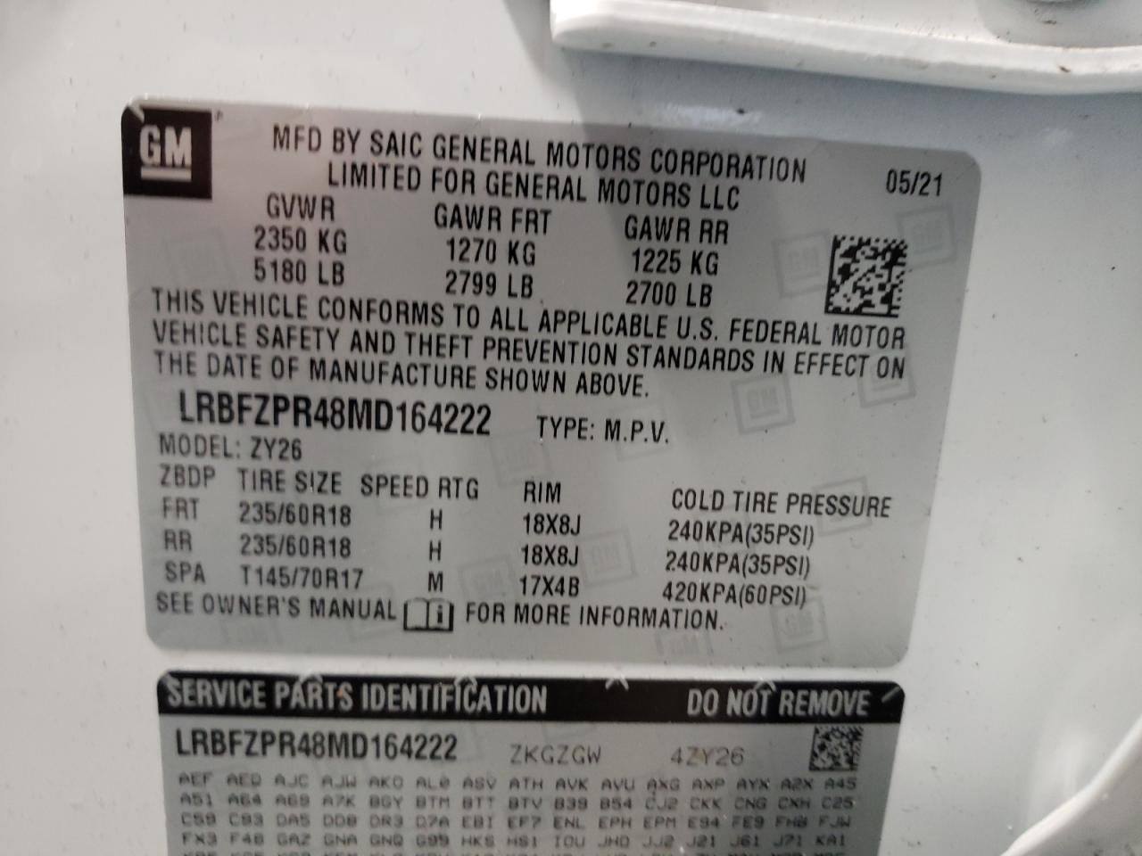 Photo 10 from auction – 2021 BUICK ENVISION E with VIN LRBFZPR48MD164222
