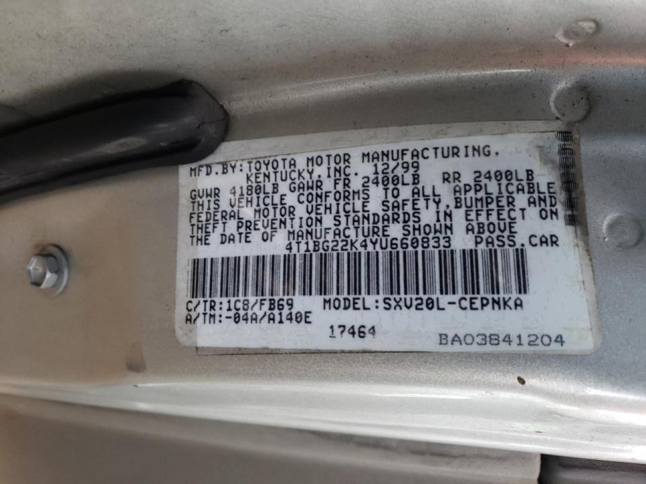 Photo 10 from auction – 2000 TOYOTA CAMRY CE with VIN 4T1BG22K4YU660833