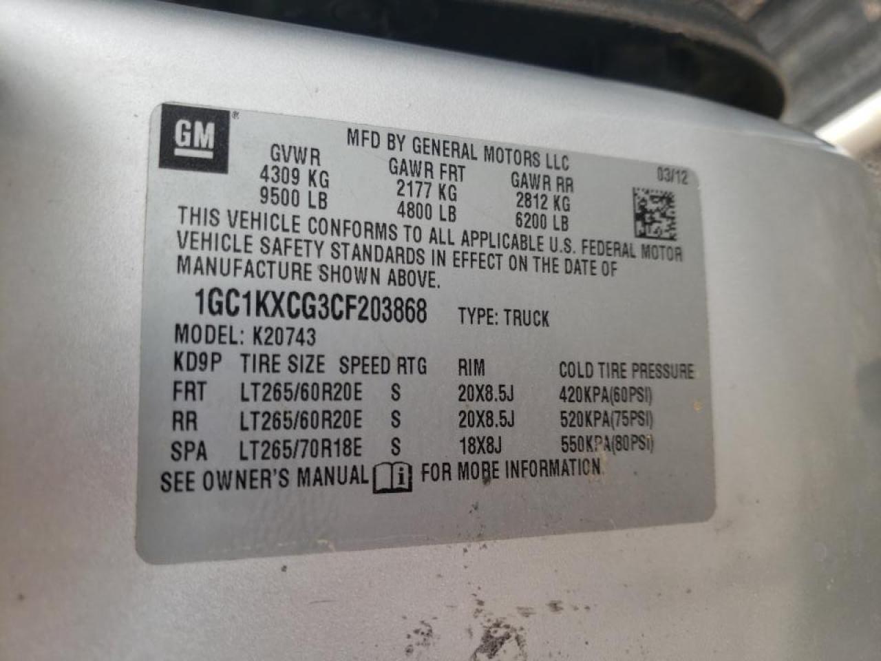 Photo 10 from auction – 2012 CHEVROLET SILVERADO with VIN 1GC1KXCG3CF203868