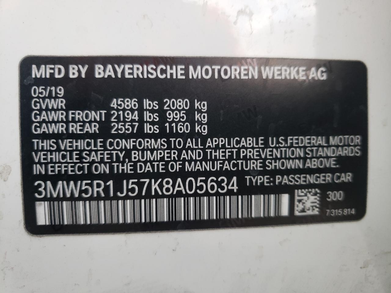 Photo 10 from auction – 2019 BMW 330I with VIN 3MW5R1J57K8A05634