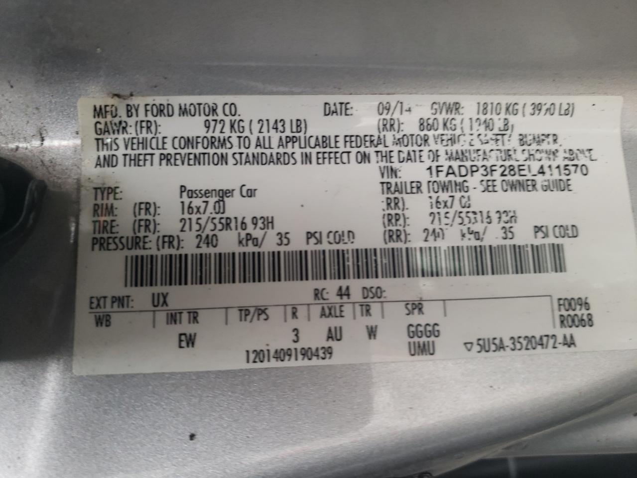 Photo 10 from auction – 2014 FORD FOCUS SE with VIN 1FADP3F28EL411570