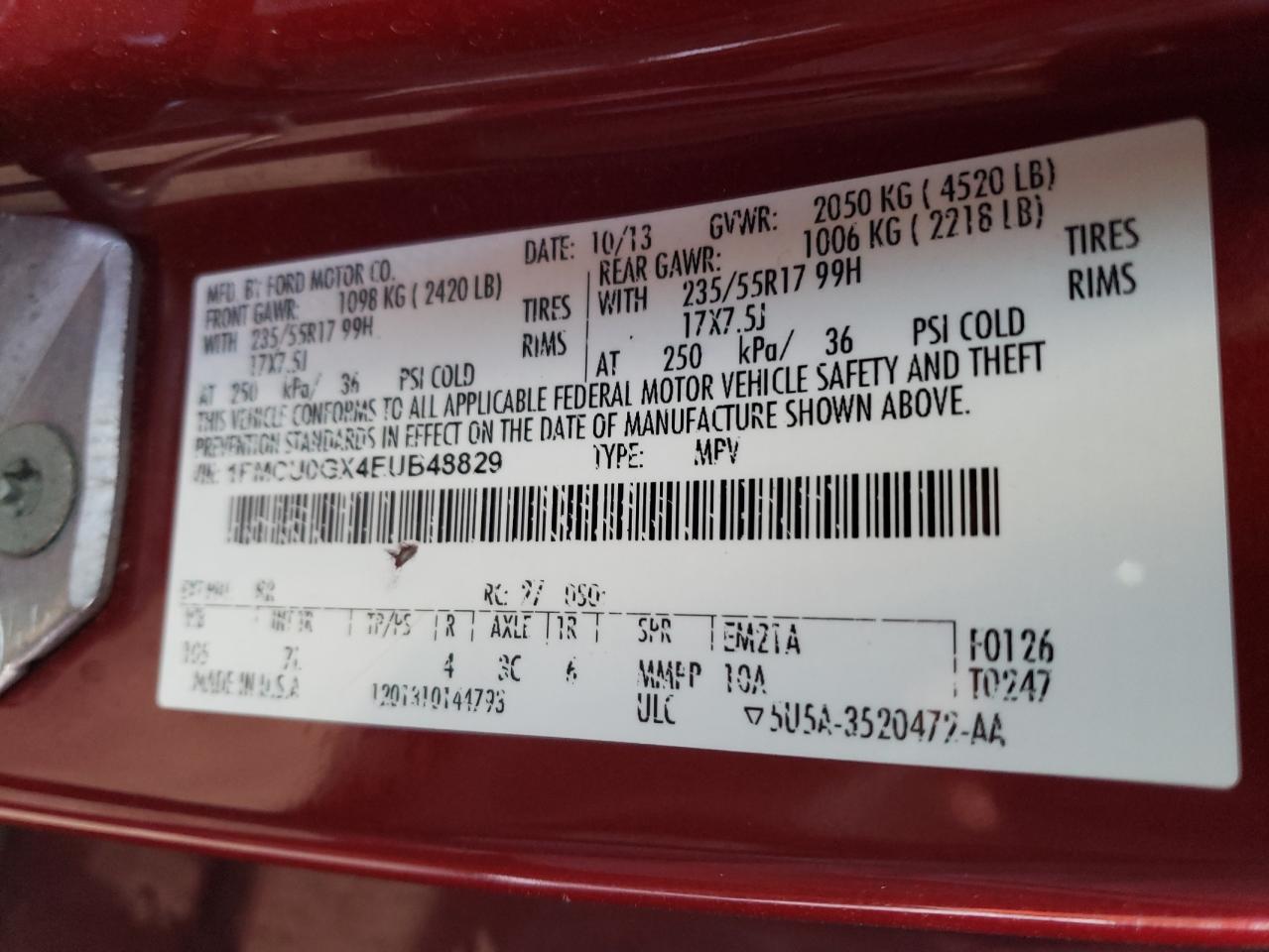 Photo 10 from auction – 2014 FORD ESCAPE SE with VIN 1FMCU0GX4EUB48829