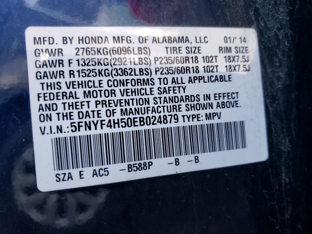 Photo 10 from auction – 2014 HONDA PILOT EXL with VIN 5FNYF4H50EB024879